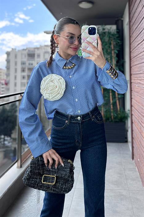 Roge Krem Gül Detaylı Mavi Çizgili Crop Gömlek
