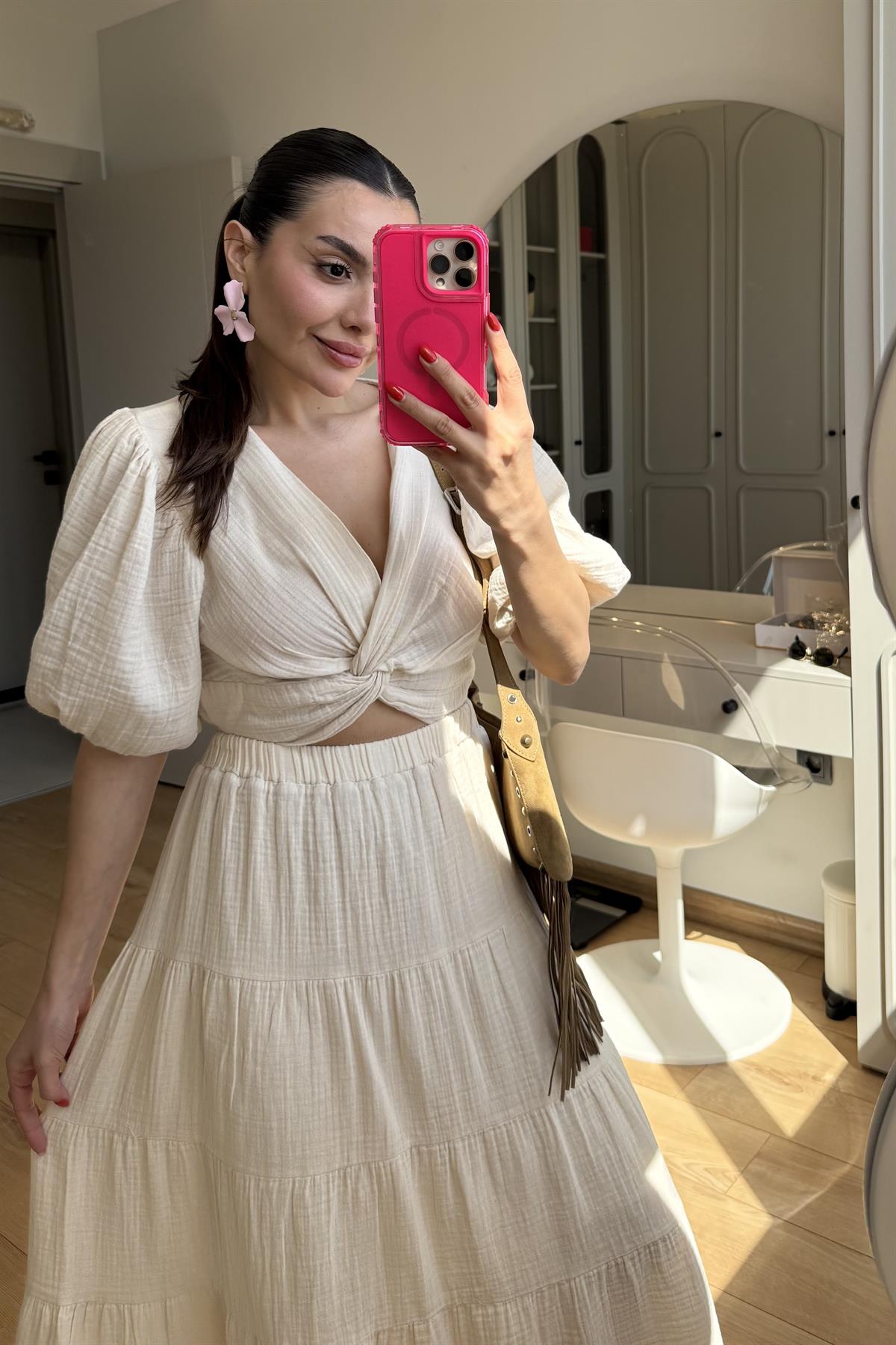 Roland Bej Balon Kol Müslin Crop