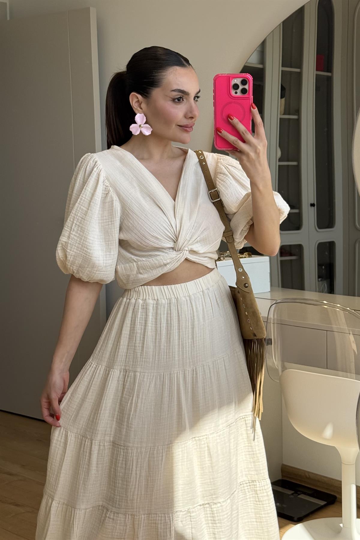 Roland Bej Balon Kol Müslin Crop