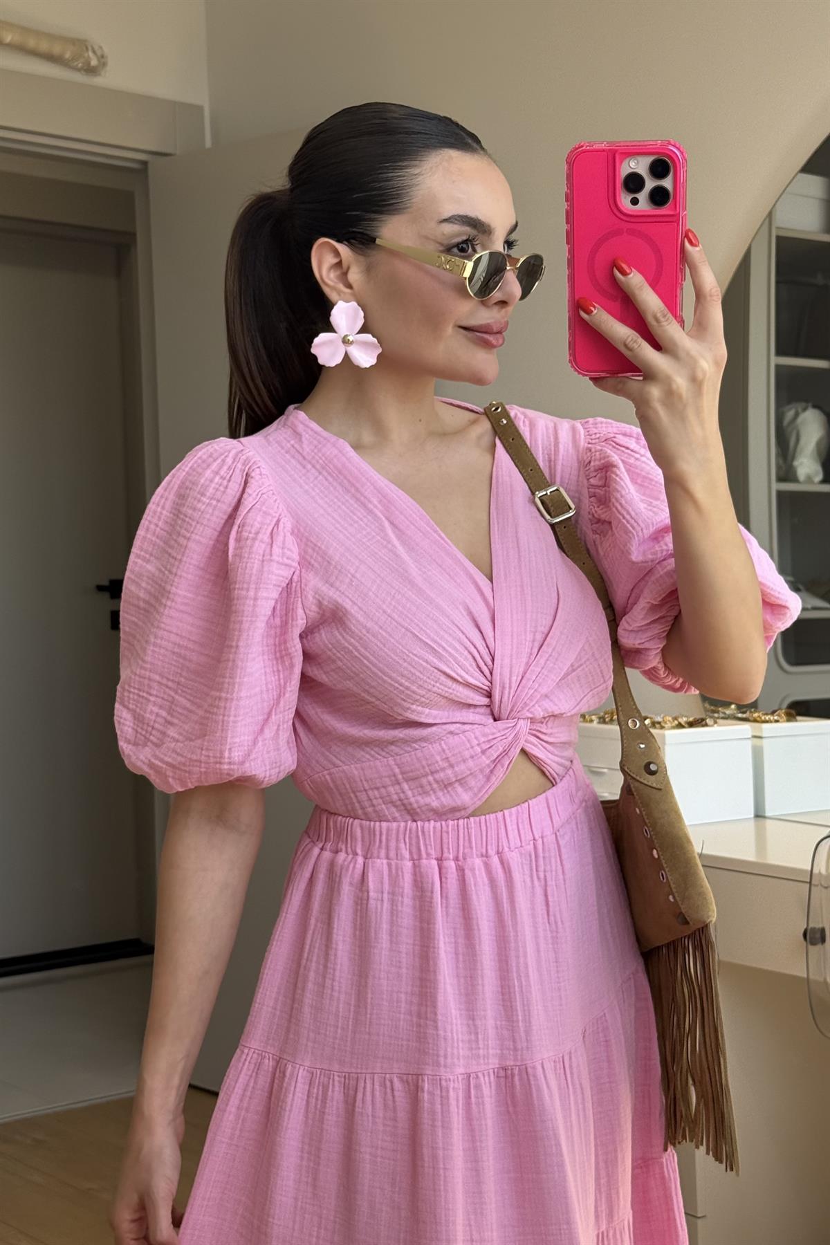 Roland Pembe Balon Kol Müslin Crop