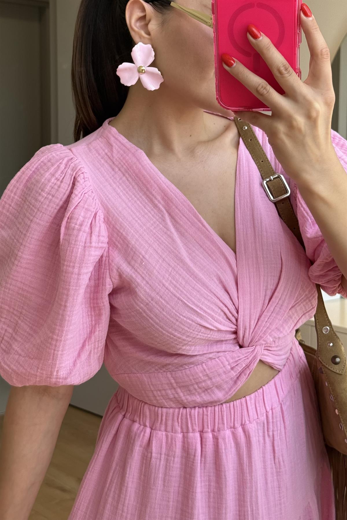 Roland Pembe Balon Kol Müslin Crop