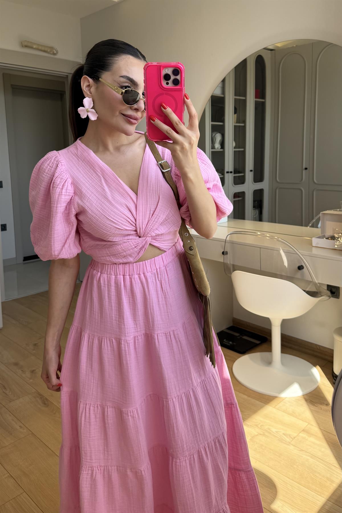 Roland Pembe Balon Kol Müslin Crop