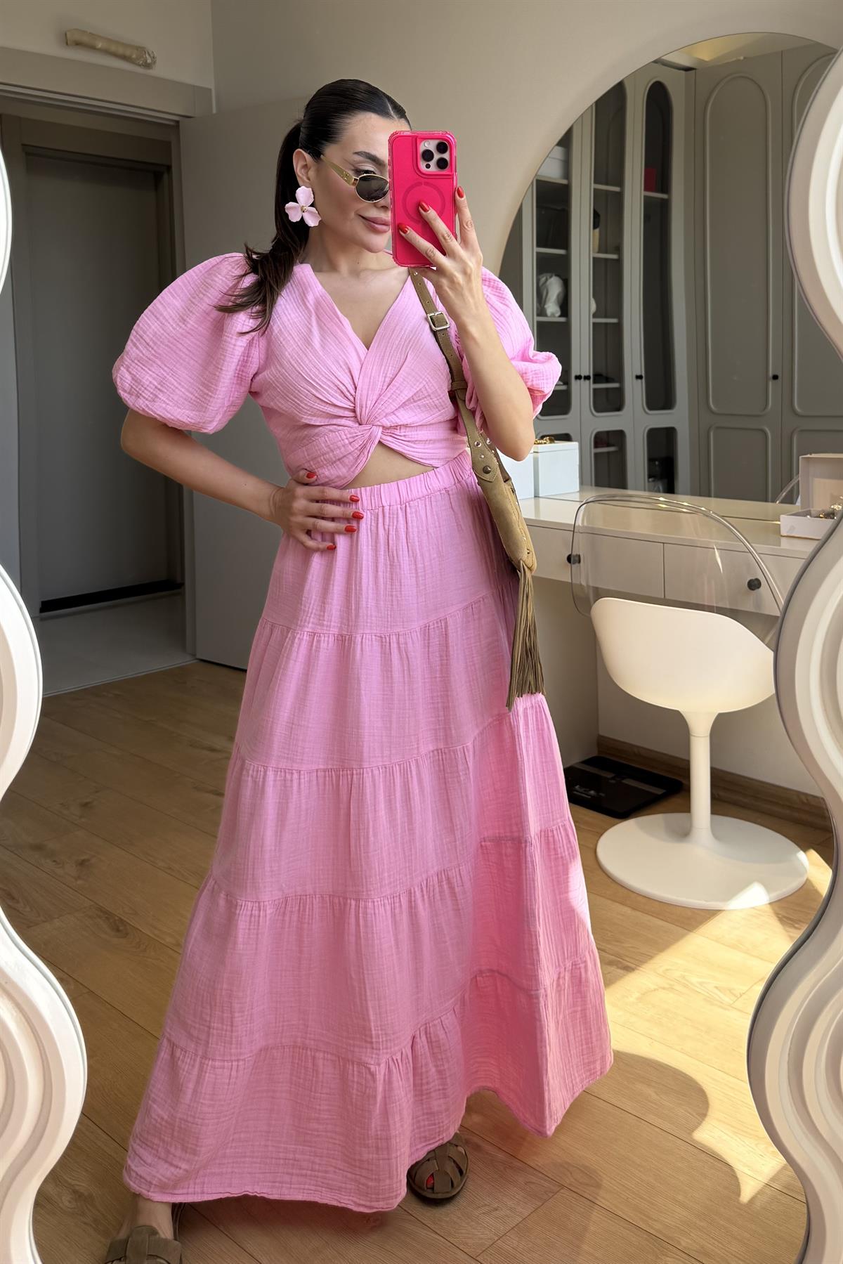 Roland Pembe Müslin Çan Etek