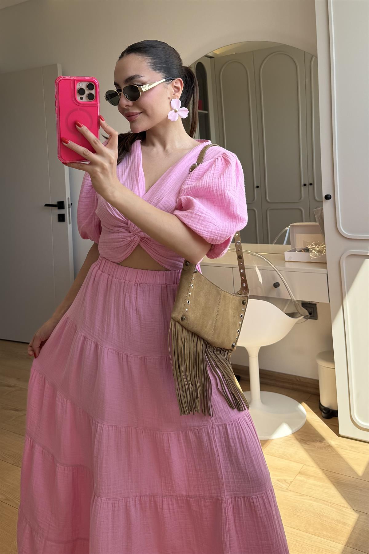 Roland Pembe Müslin Çan Etek