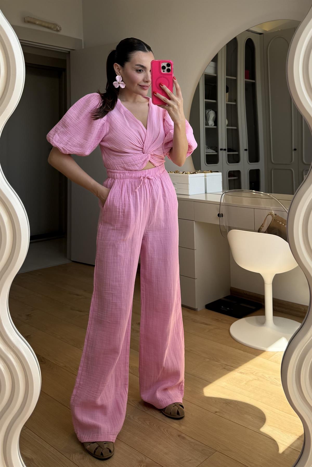 Roland Pembe Müslin Pantolon 