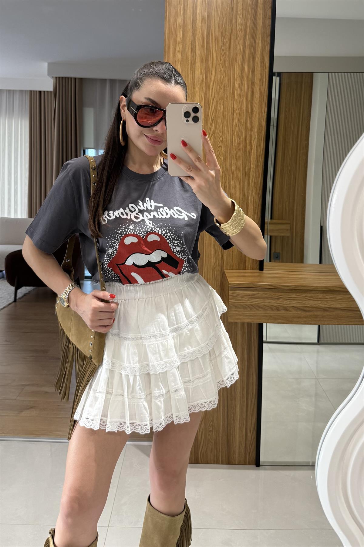 Rolling Füme Baskılı Tshirt