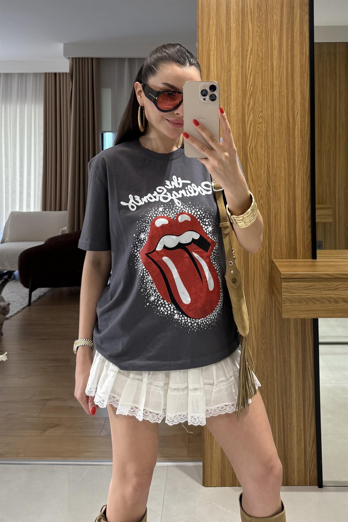 Rolling Füme Baskılı Tshirt