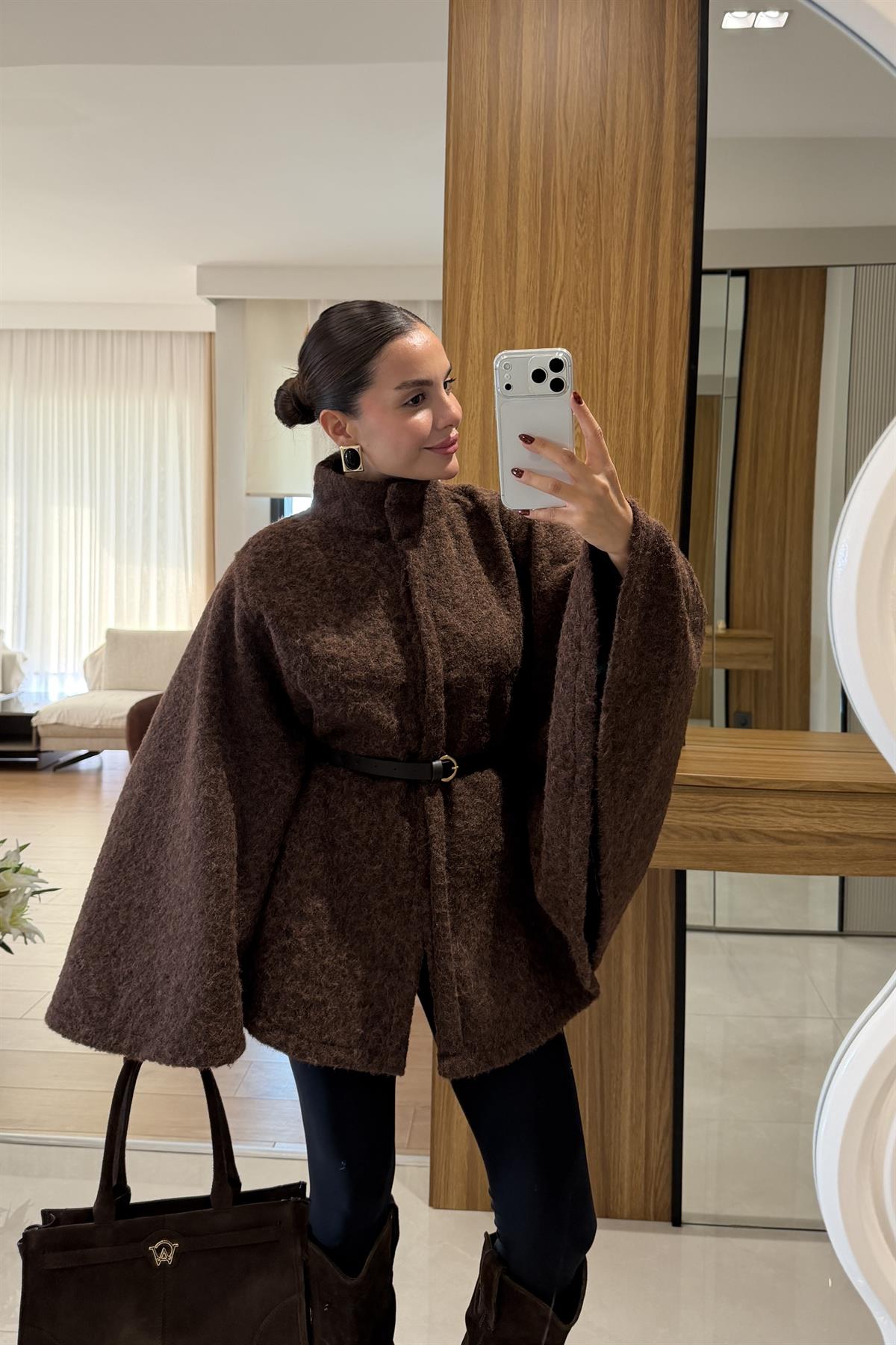 Rommy Kahve Kemerli Keçe Panço 