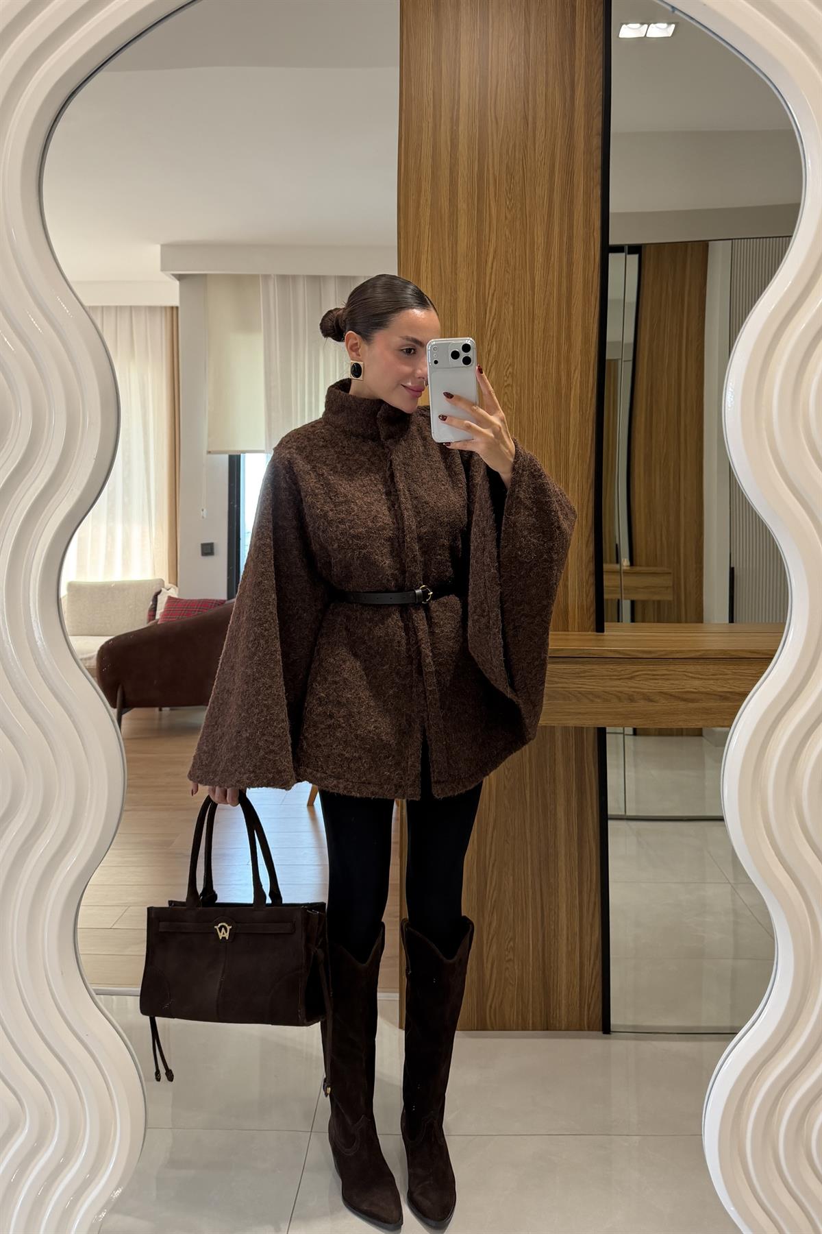 Rommy Kahve Kemerli Keçe Panço 