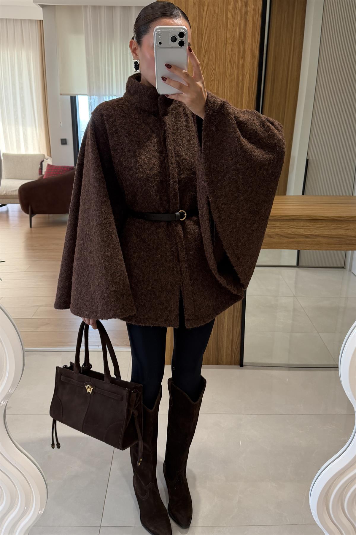 Rommy Kahve Kemerli Keçe Panço 