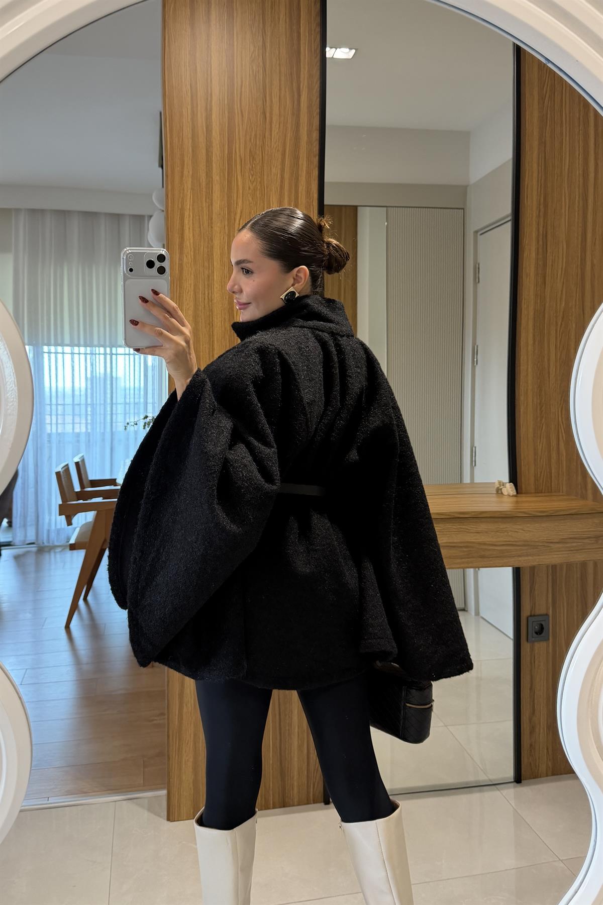 Rommy Siyah Kemerli Keçe Panço 