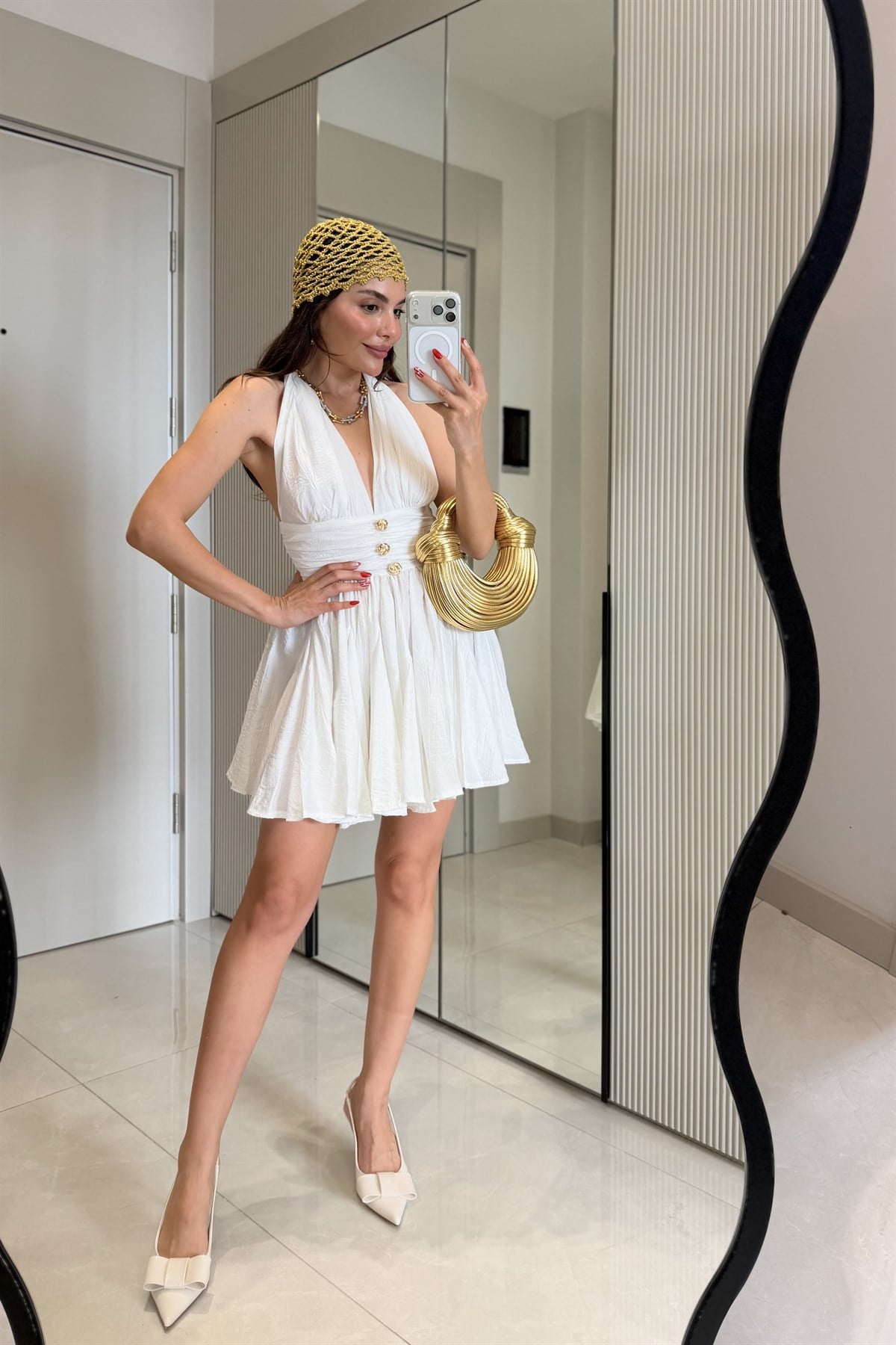 Ronse Beyaz Boyundan Bağlamalı Mini Elbise
