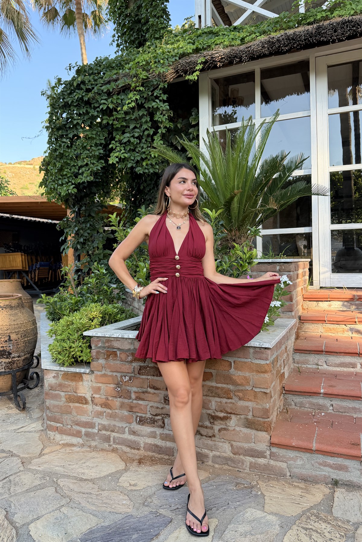 Ronse Bordo Boyundan Bağlamalı Mini Elbise