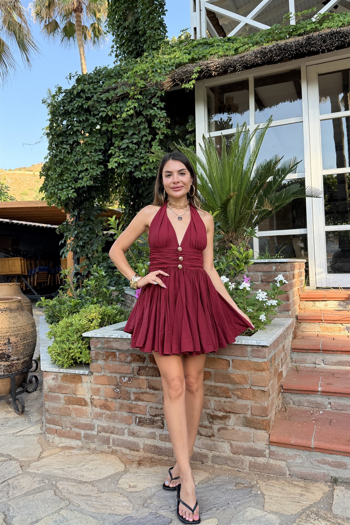 Ronse Bordo Boyundan Bağlamalı Mini Elbise
