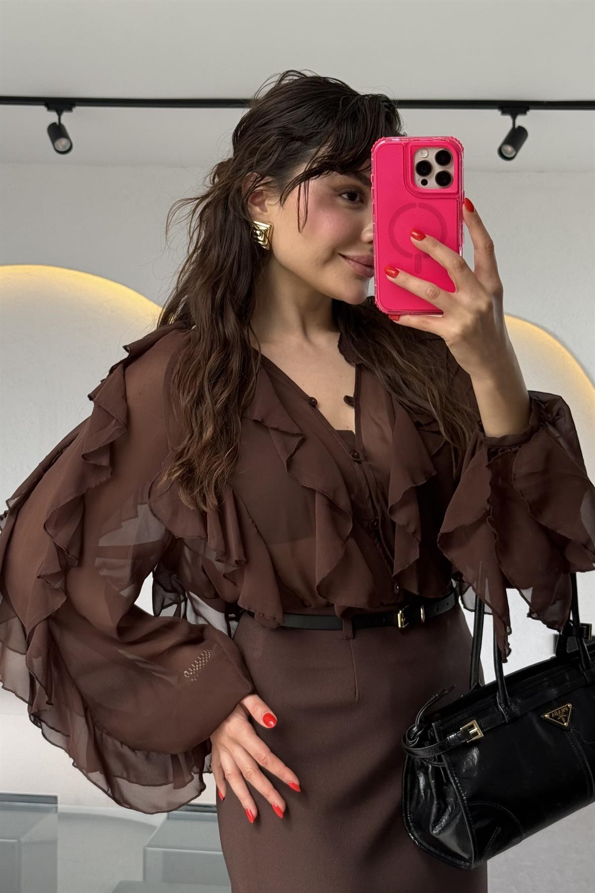 Ropa Acı Kahve Parçalı Şifon Gömlek