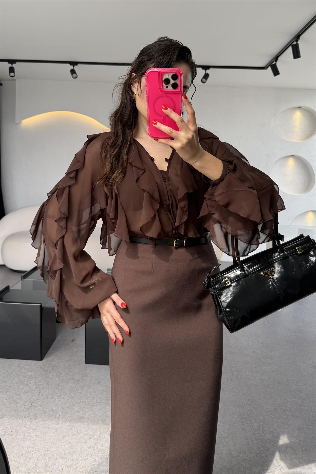 Ropa Acı Kahve Parçalı Şifon Gömlek