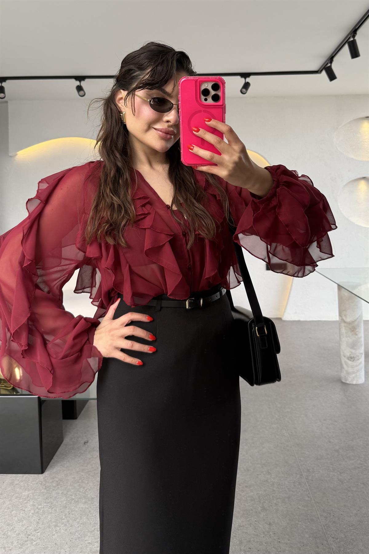 Ropa Bordo Parçalı Şifon Gömlek