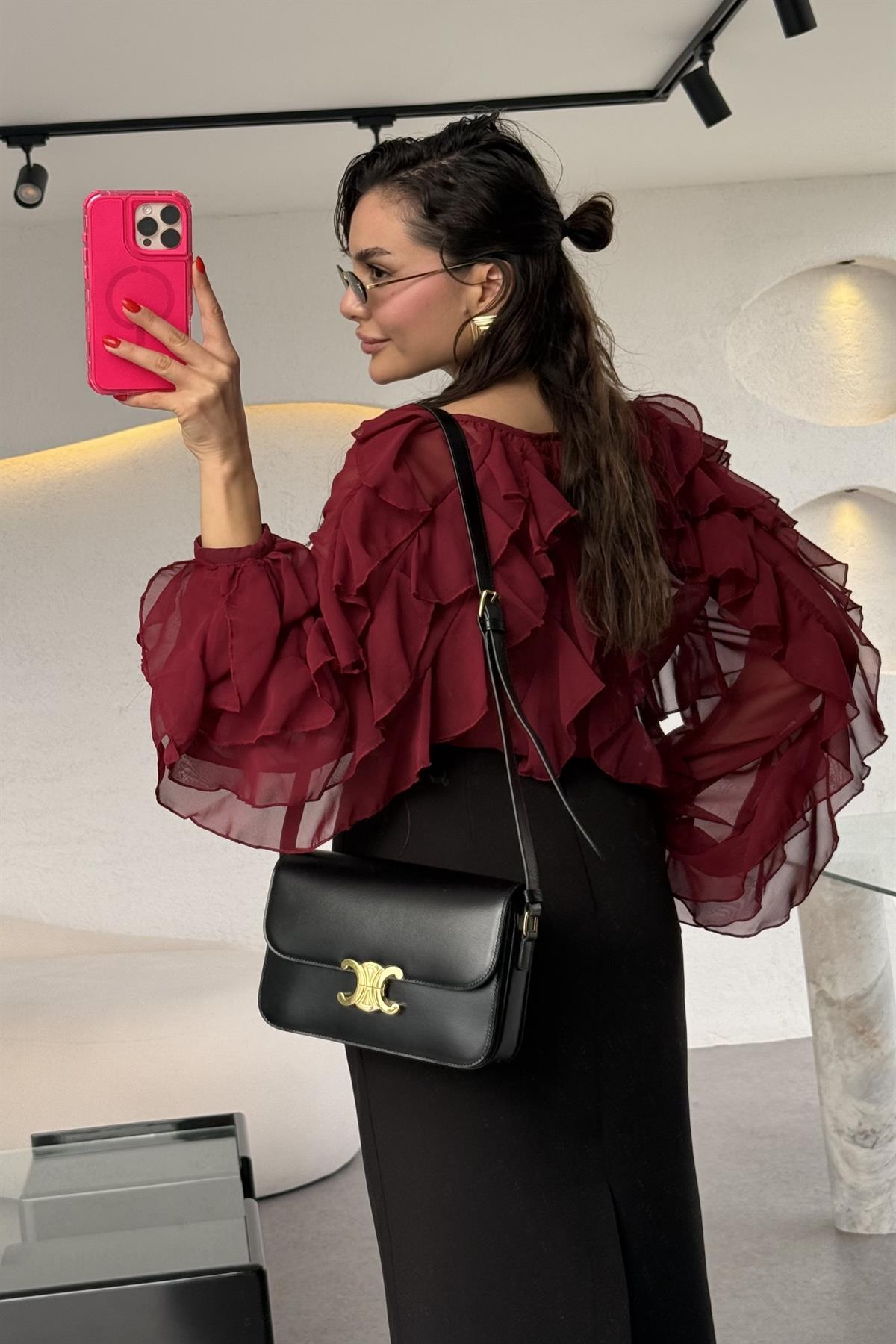 Ropa Bordo Parçalı Şifon Gömlek