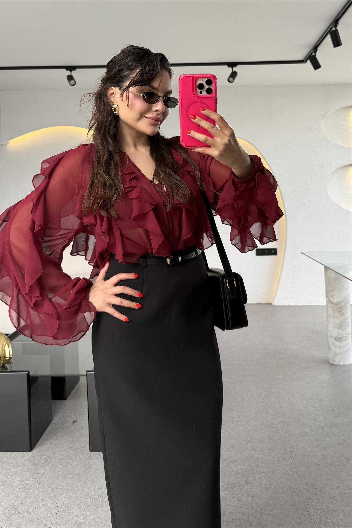 Ropa Bordo Parçalı Şifon Gömlek