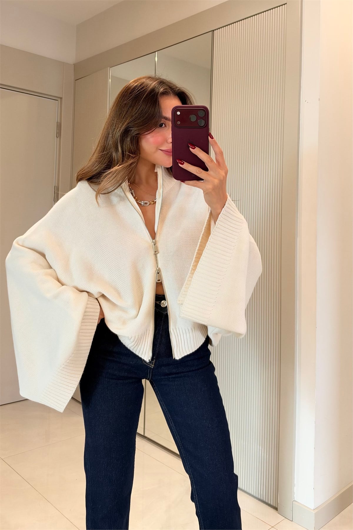 Ropa Ekru Çift Yön Fermuarlı Yarasa Kol Triko Hırka