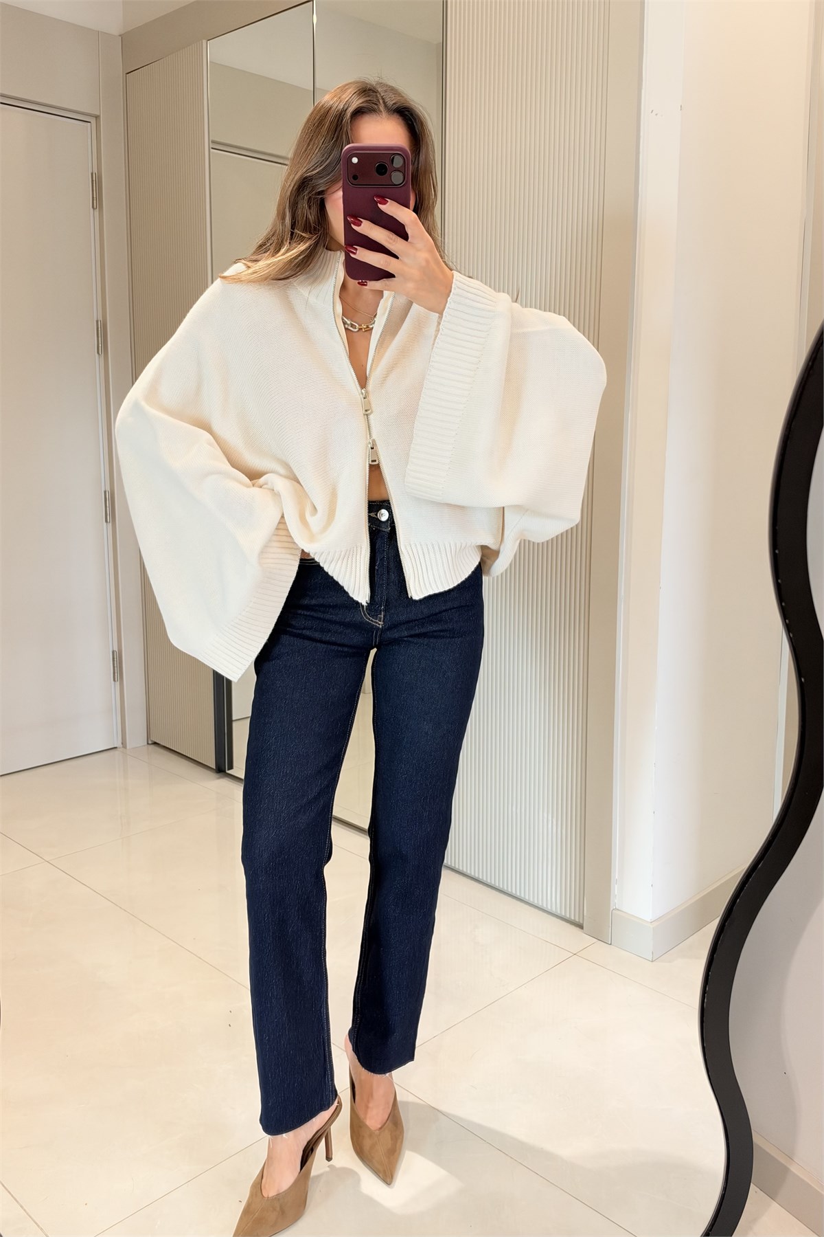 Ropa Ekru Çift Yön Fermuarlı Yarasa Kol Triko Hırka