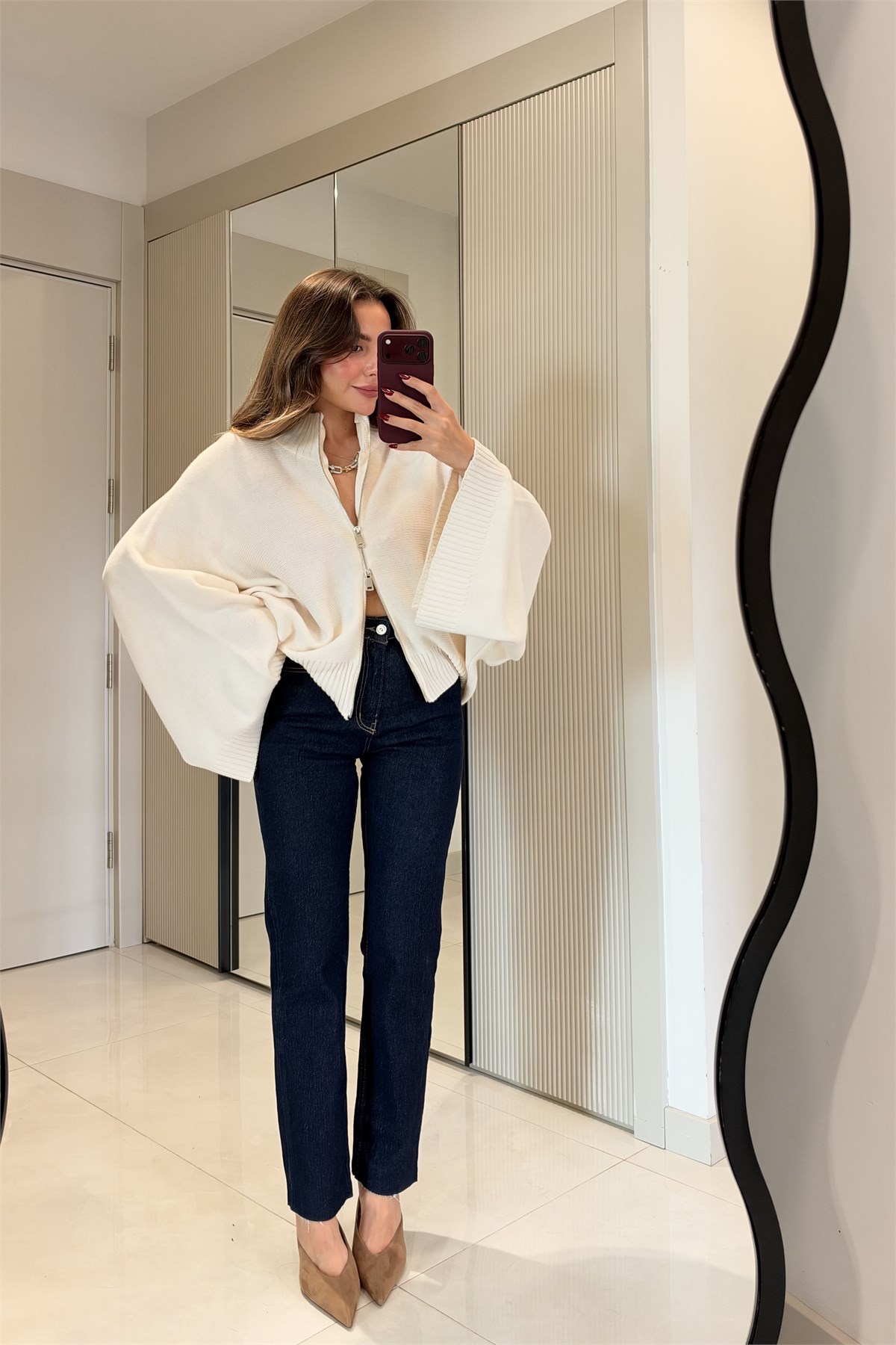 Ropa Ekru Çift Yön Fermuarlı Yarasa Kol Triko Hırka