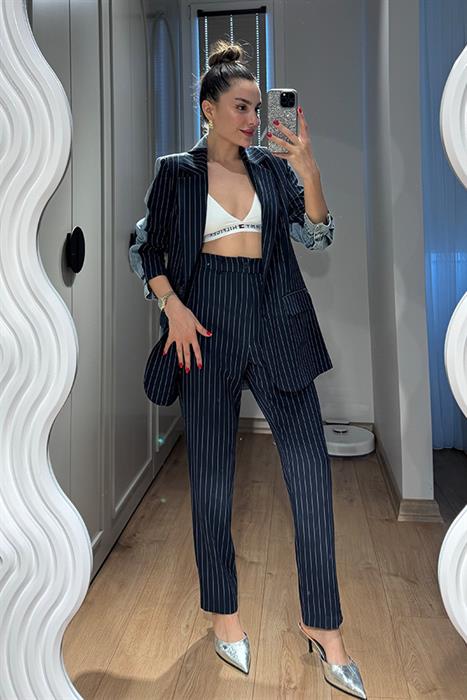 Rosado Kot Karışımlı Çizgili Blazer Takım - Lacivert
