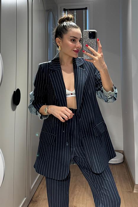 Rosado Kot Karışımlı Çizgili Blazer Takım - Lacivert