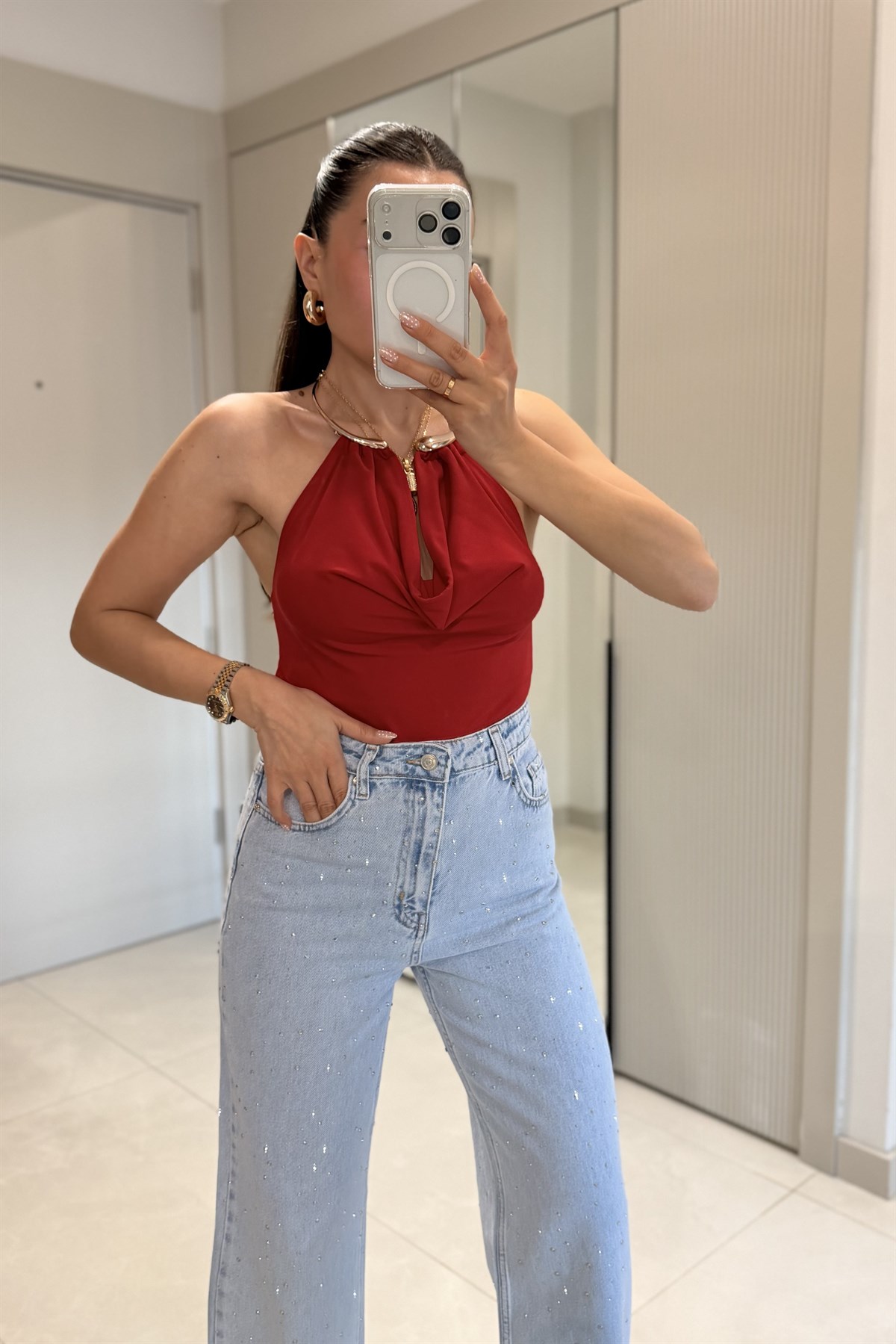 Rosalie Kırmızı Kolye Detaylı Bluz