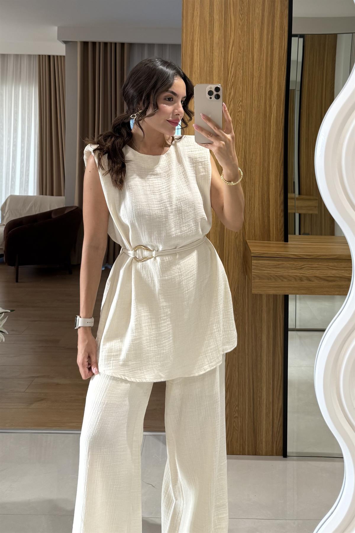 Rosaly Bej Kemerli Müslin Takım