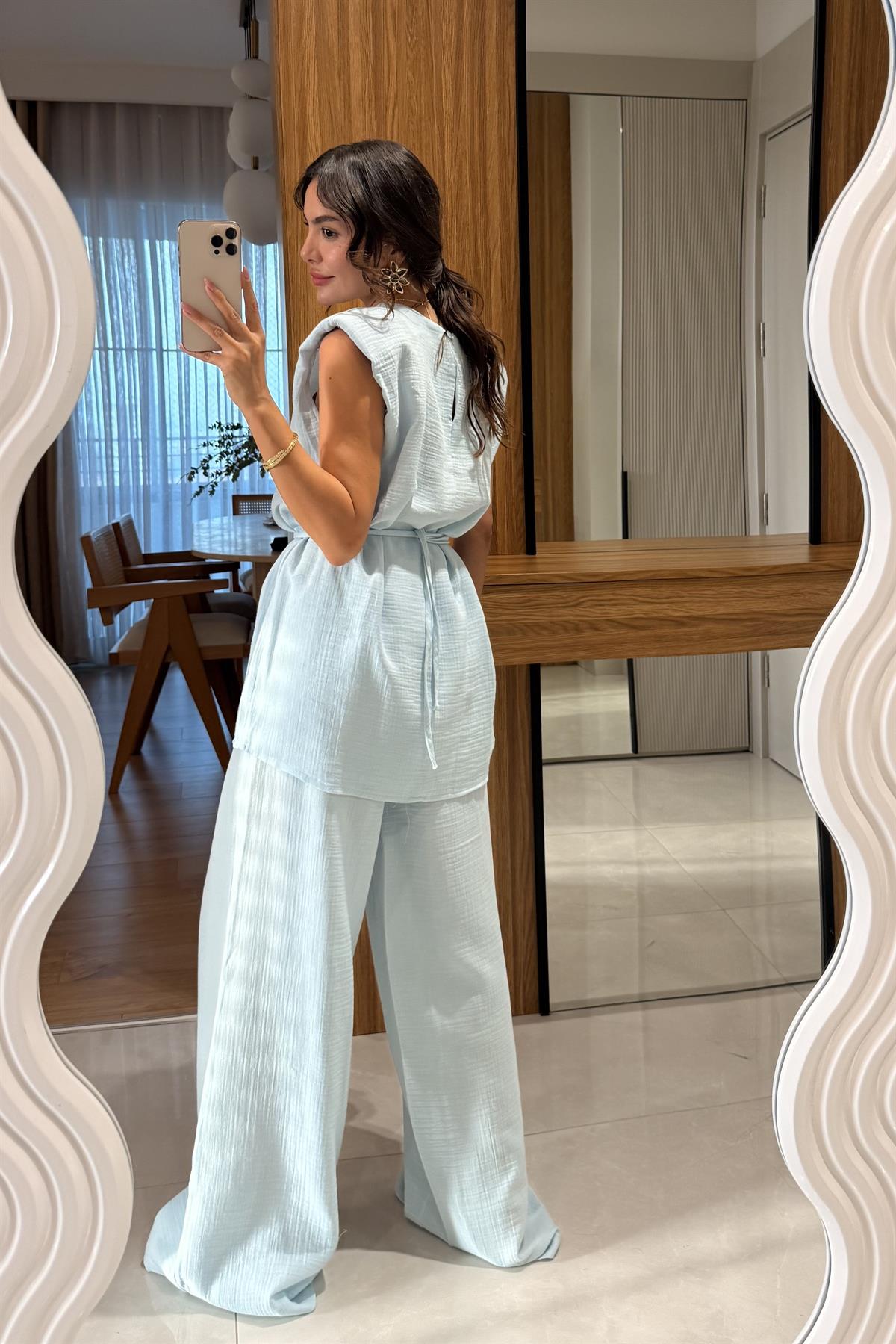 Rosaly Mavi Kemerli Müslin Takım