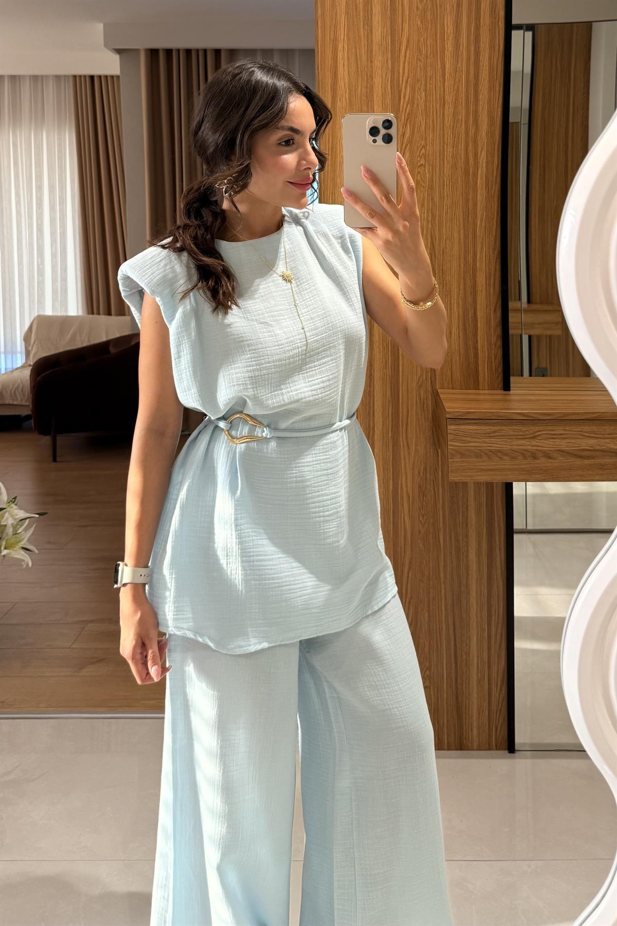 Rosaly Mavi Kemerli Müslin Takım