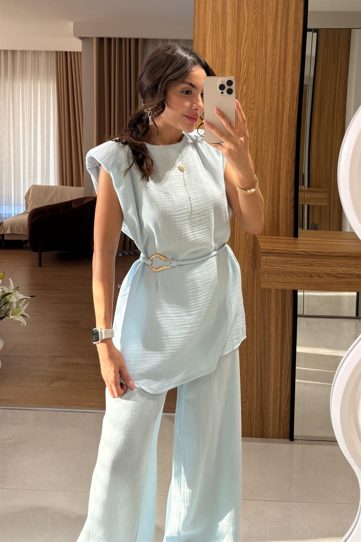 Rosaly Mavi Kemerli Müslin Takım