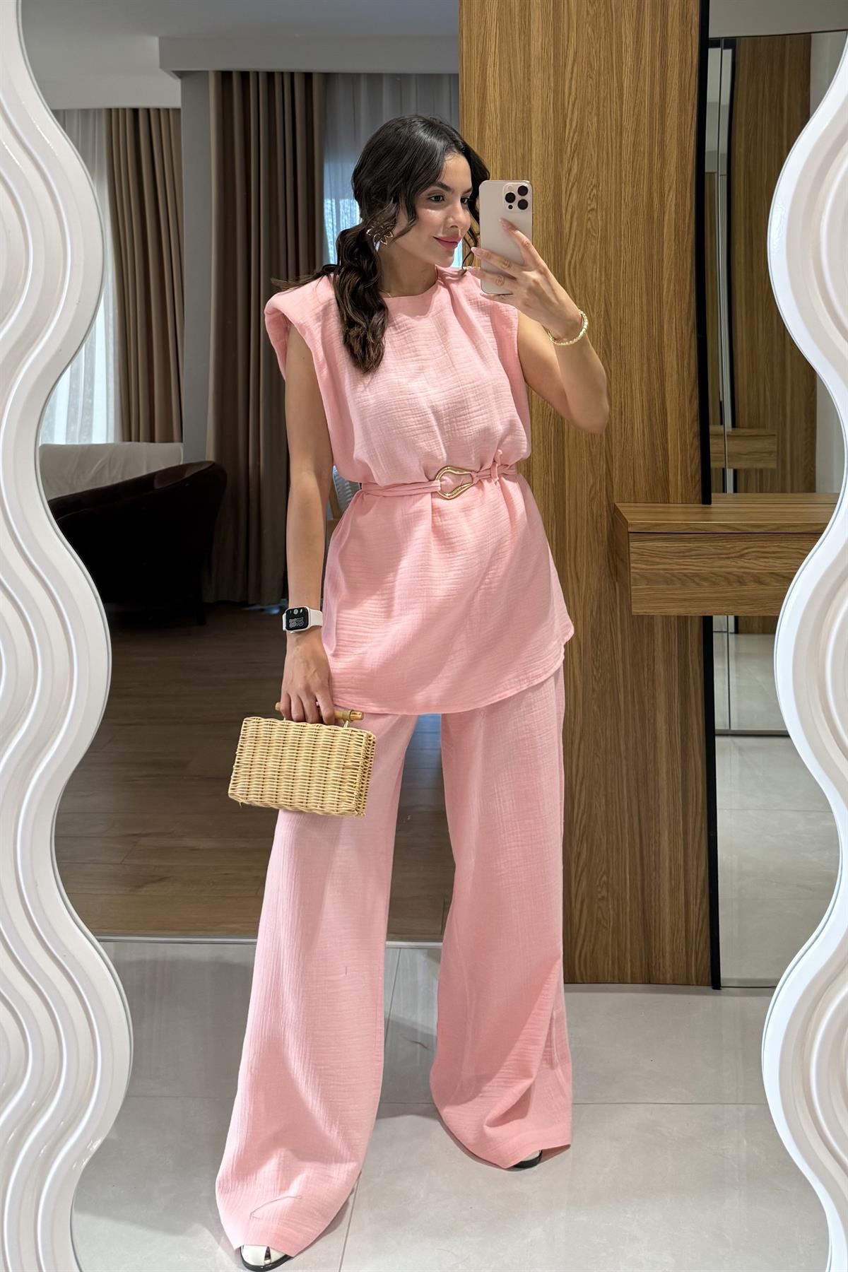 Rosaly Pembe Kemerli Müslin Takım