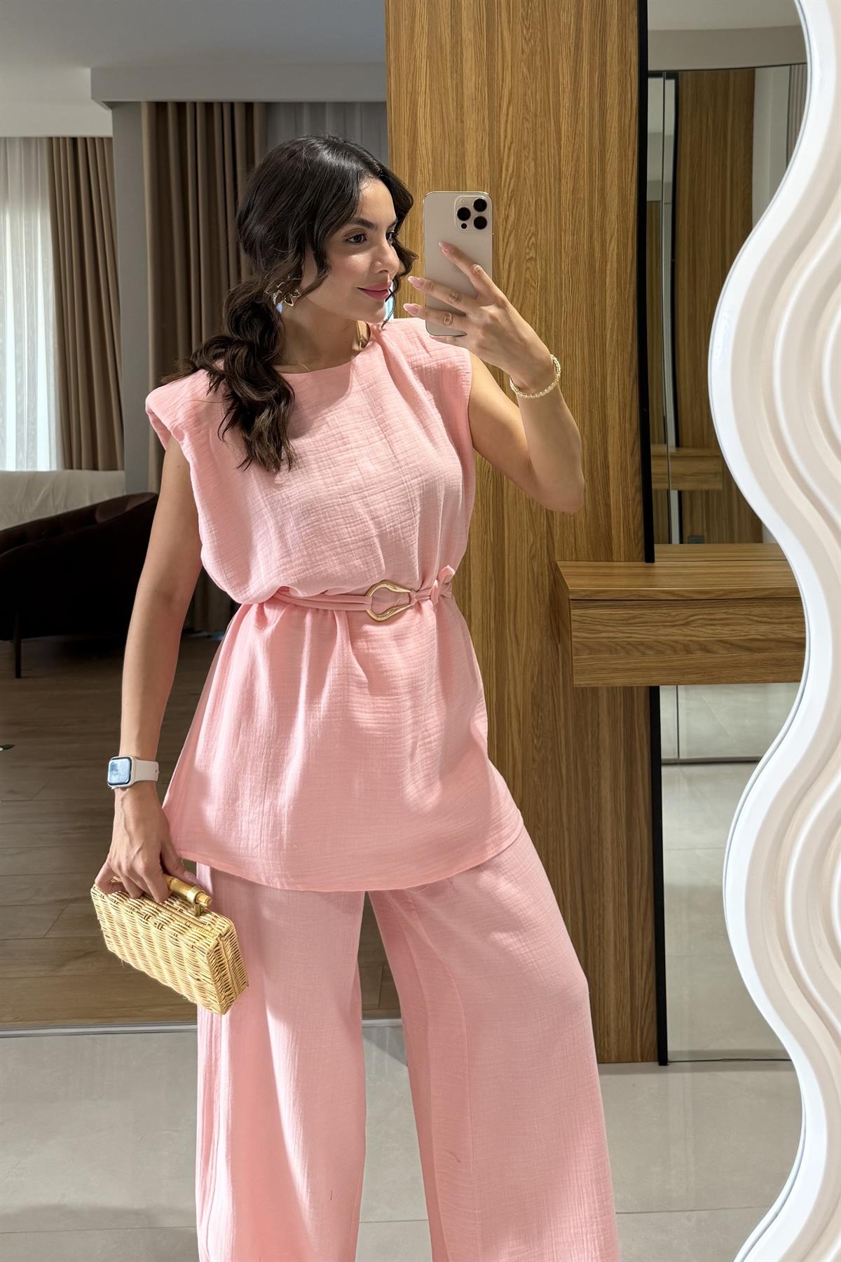 Rosaly Pembe Kemerli Müslin Takım