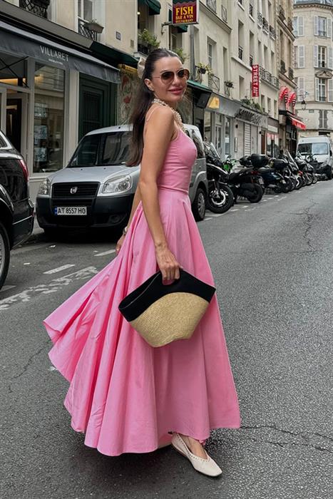 Rose İnce Askılı Çan Elbise-Pembe