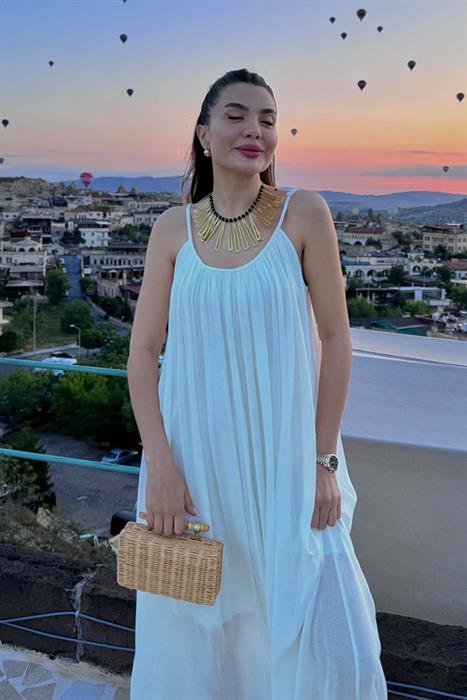 Roseta Askılı Beyaz  Elbise 