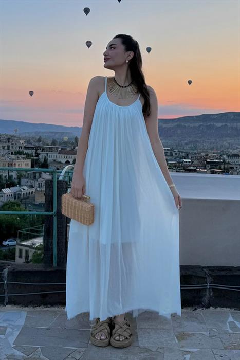 Roseta Askılı Beyaz  Elbise 
