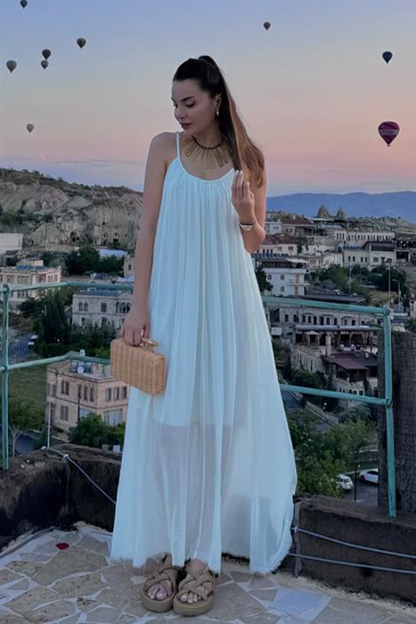 Roseta Askılı Beyaz  Elbise 