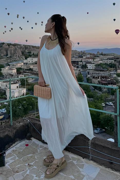 Roseta Askılı Beyaz  Elbise 