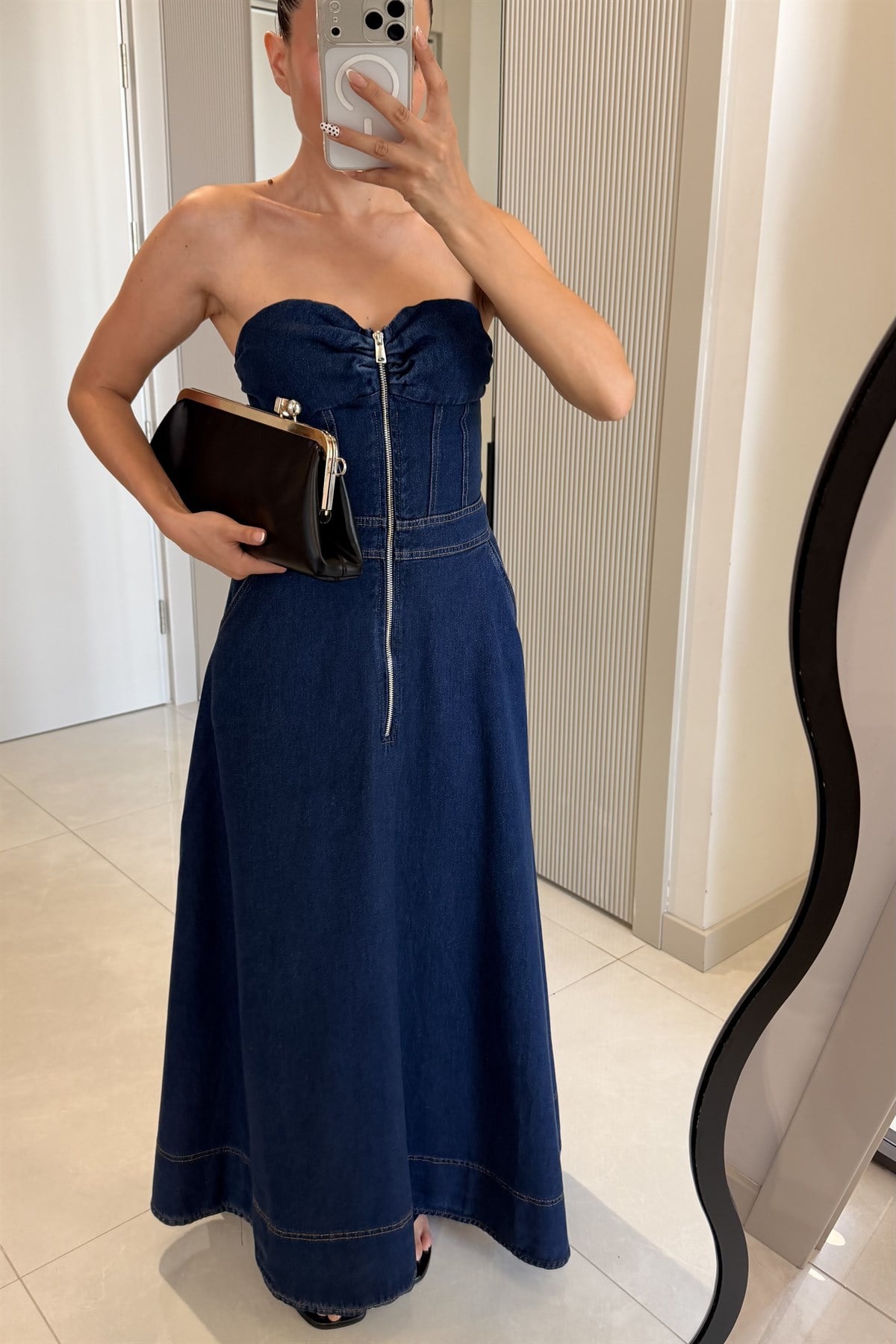 Roseta Denim Straplez Fermuar Detaylı Elbise