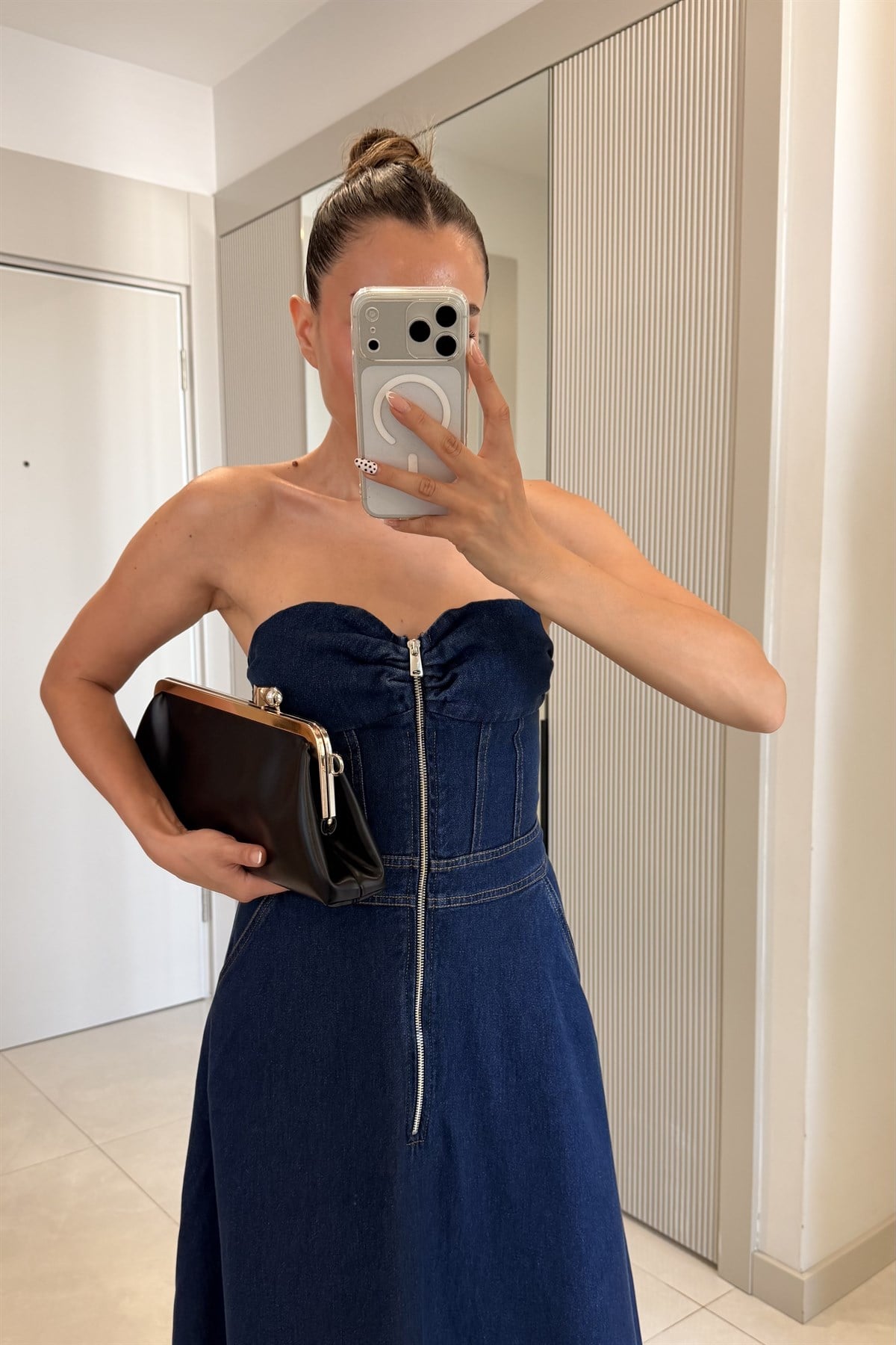 Roseta Denim Straplez Fermuar Detaylı Elbise