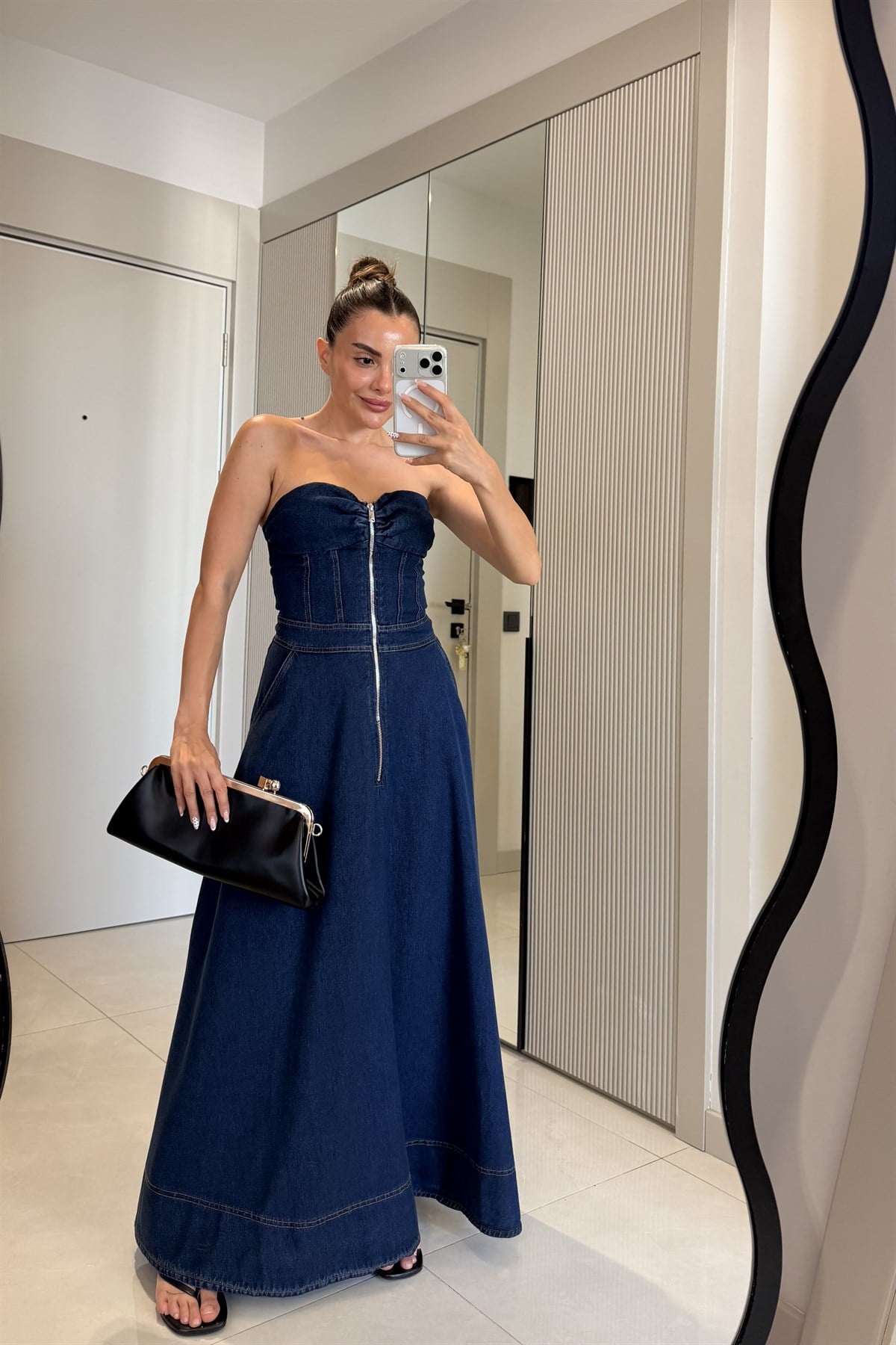 Roseta Denim Straplez Fermuar Detaylı Elbise