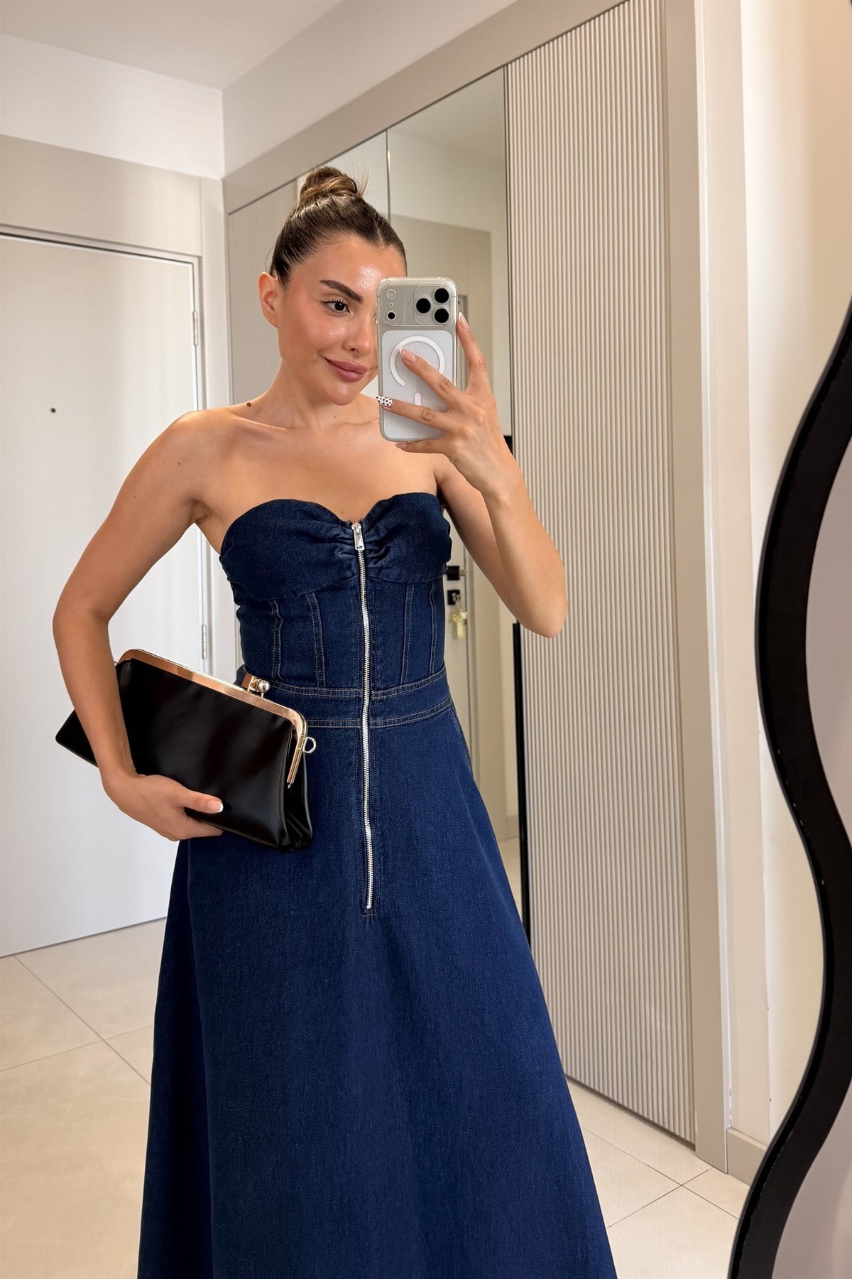 Roseta Denim Straplez Fermuar Detaylı Elbise