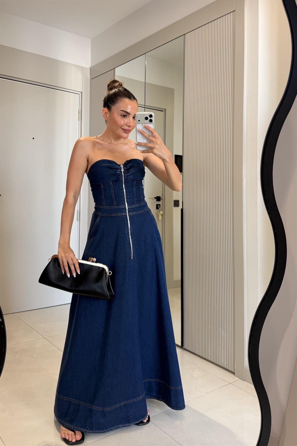 Roseta Denim Straplez Fermuar Detaylı Elbise