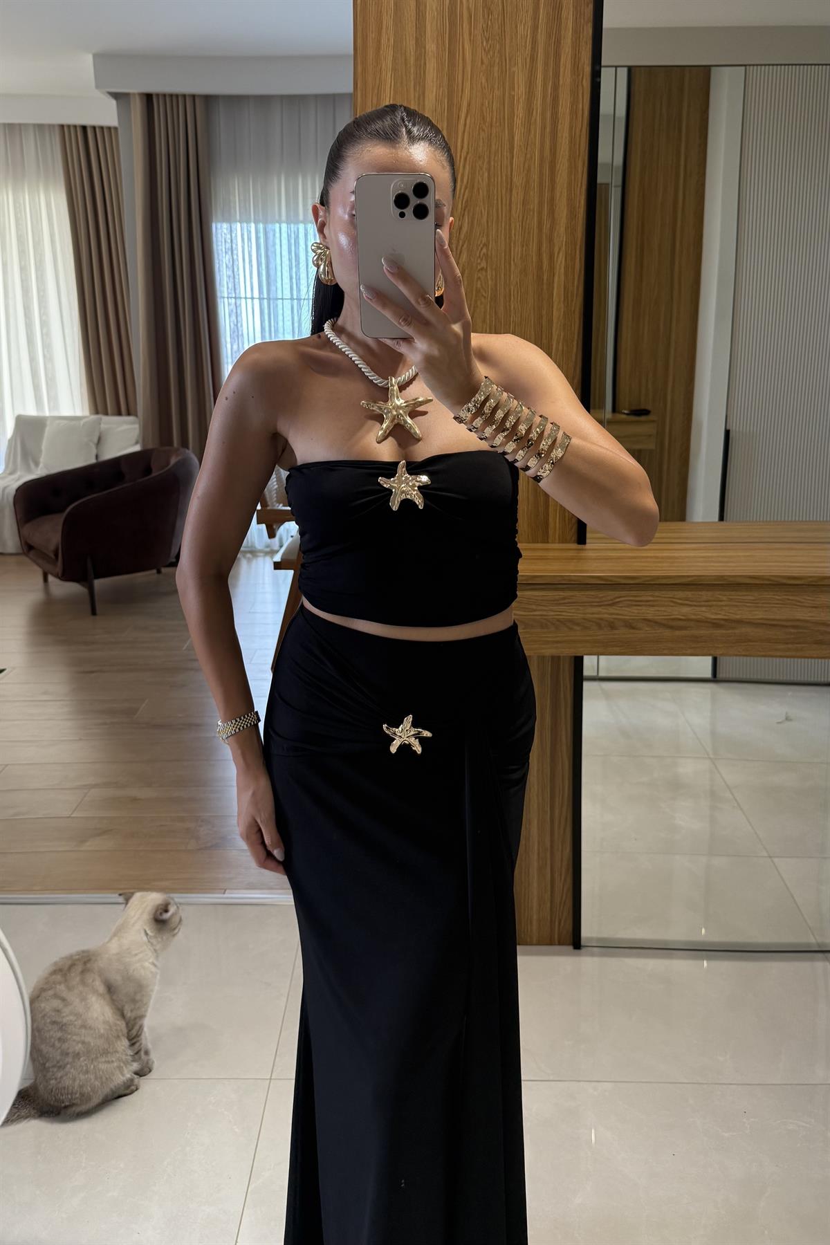 Roshe Siyah Deniz Kabuğu Detaylı Straplez Takım