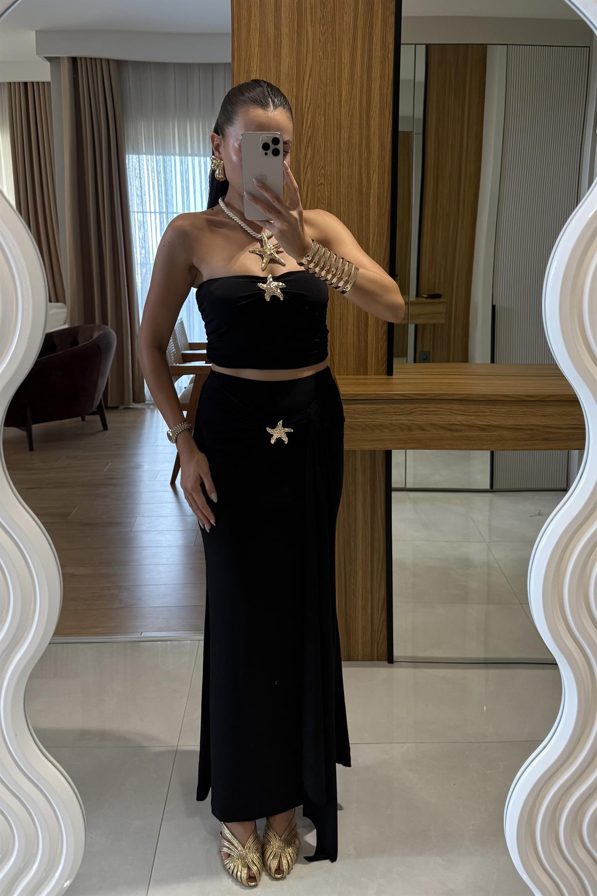 Roshe Siyah Deniz Kabuğu Detaylı Straplez Takım