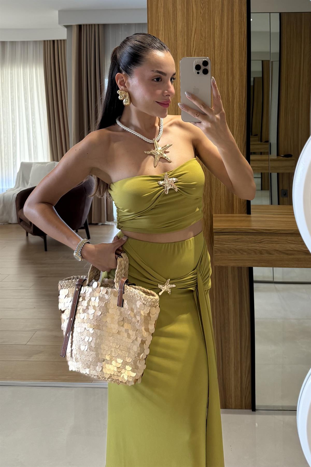 Roshe Yeşil Deniz Kabuğu Detaylı Straplez Takım