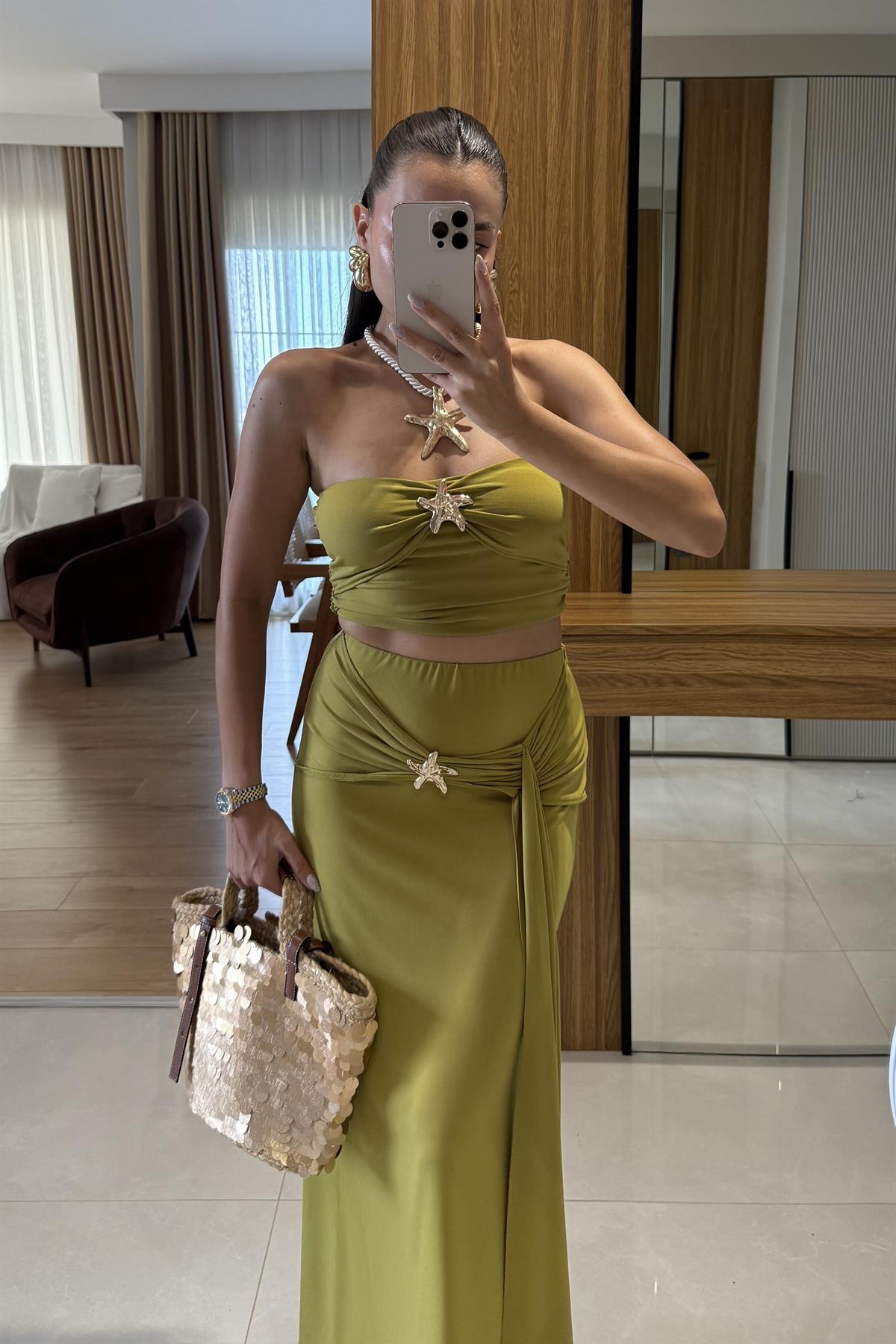 Roshe Yeşil Deniz Kabuğu Detaylı Straplez Takım