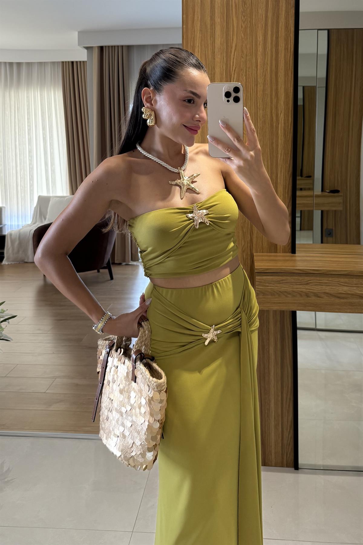 Roshe Yeşil Deniz Kabuğu Detaylı Straplez Takım